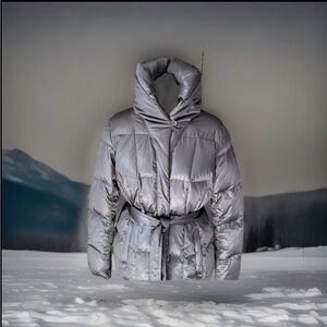 Lands End Womens M 10-12 Metallic Gray Down Puffer Jacket Belted Pillow Collar